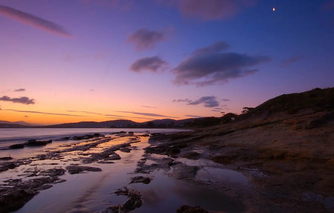 Photo wallpaper the moon, shore, The evening, glow