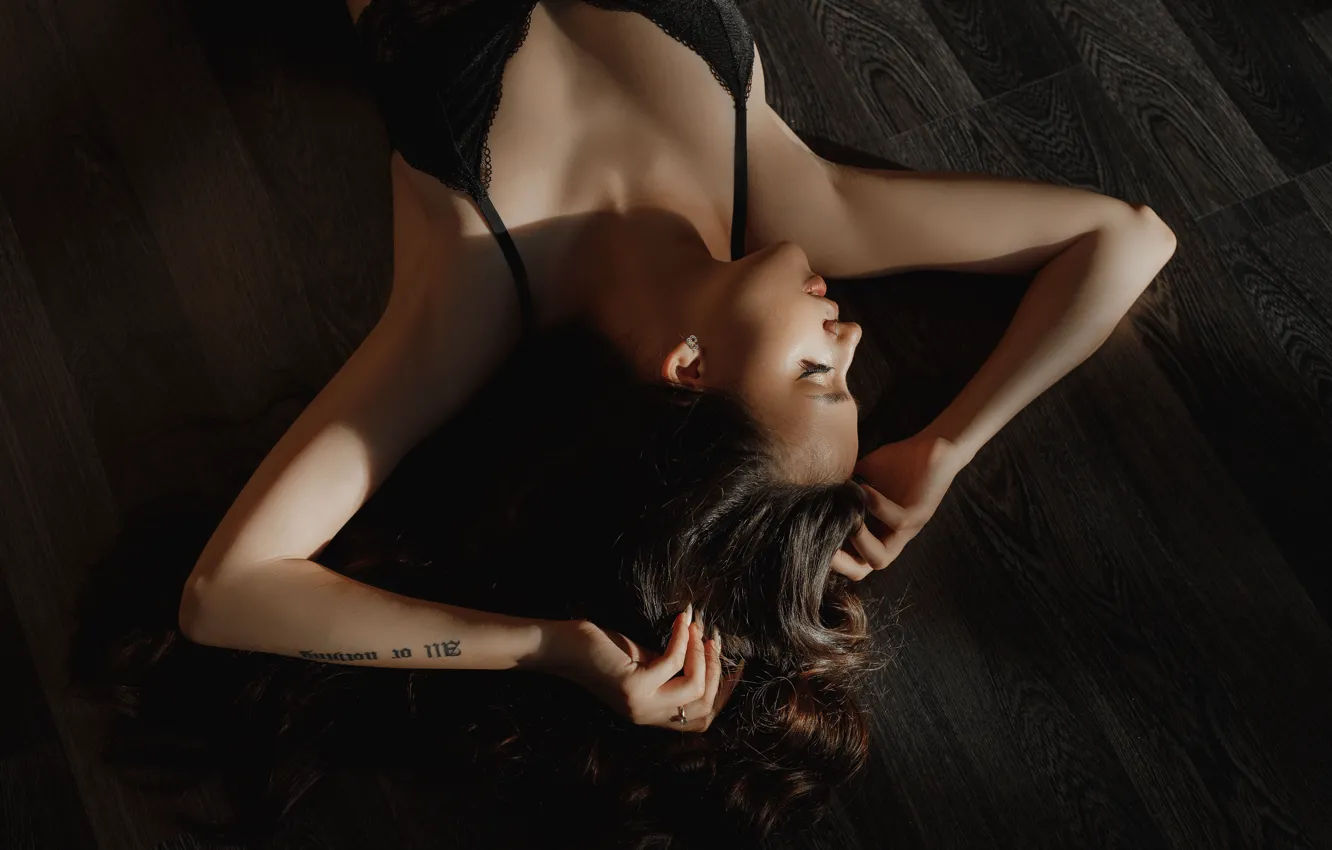 Photo wallpaper girl, pose, hands, bra, on the floor, closed eyes, Marina, Vladimir Vasiliev
