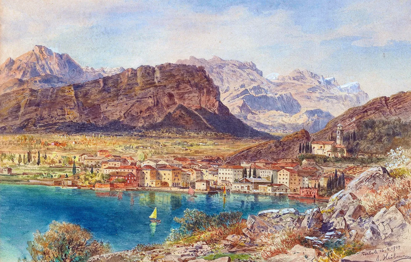 Photo wallpaper mountains, lake, home, picture, Austrian artist, Anton Paul Heilmann, Lake Garda Torbole, Anton Paul Heilmann