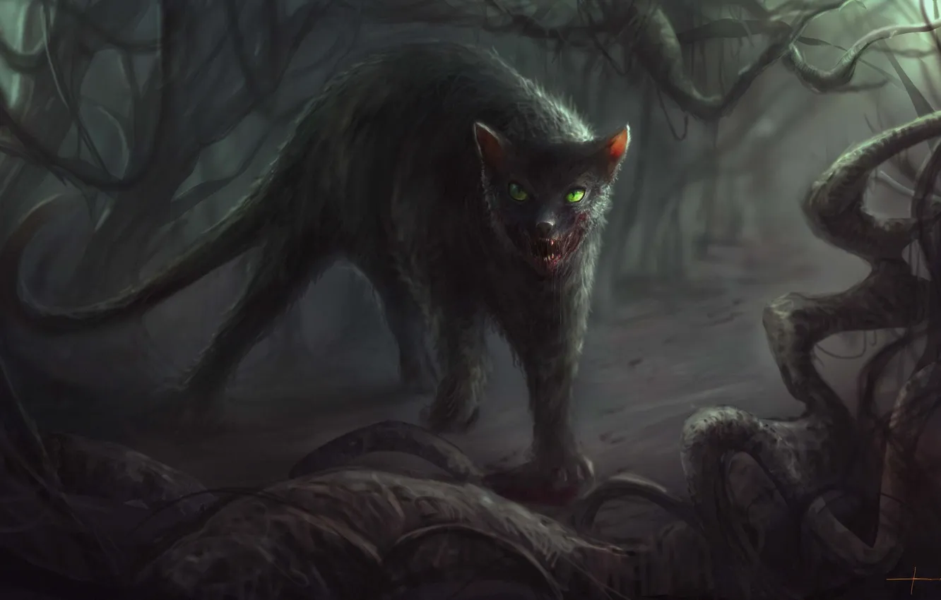 Photo wallpaper cat, cat, roots, thickets, monster, predator, art, mouth