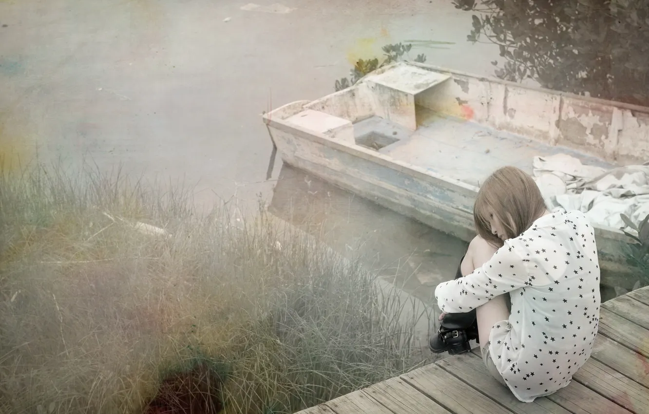 Photo wallpaper girl, bridge, lake