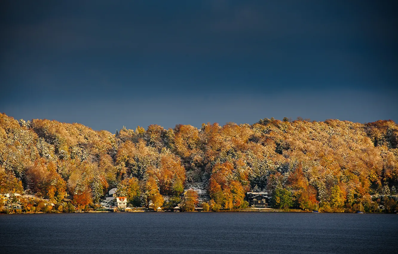 Photo wallpaper sky, trees, winter, lake, snow, houses, lakeshore