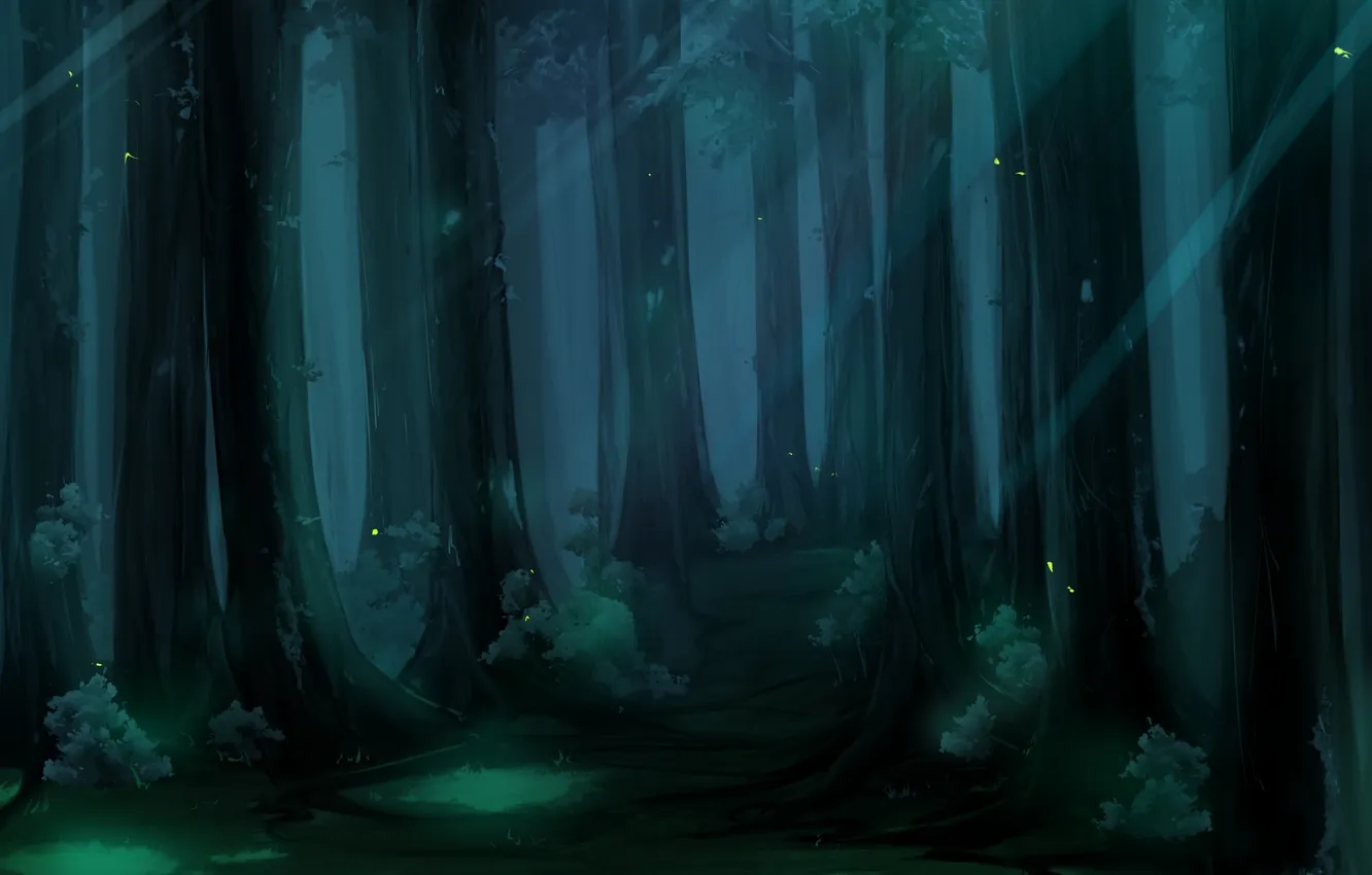 Photo wallpaper forest, trees, the darkness, figure