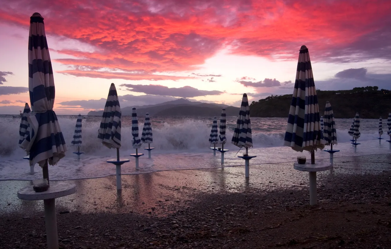 Photo wallpaper sea, wave, beach, the sky, clouds, mountains, the ocean, the evening