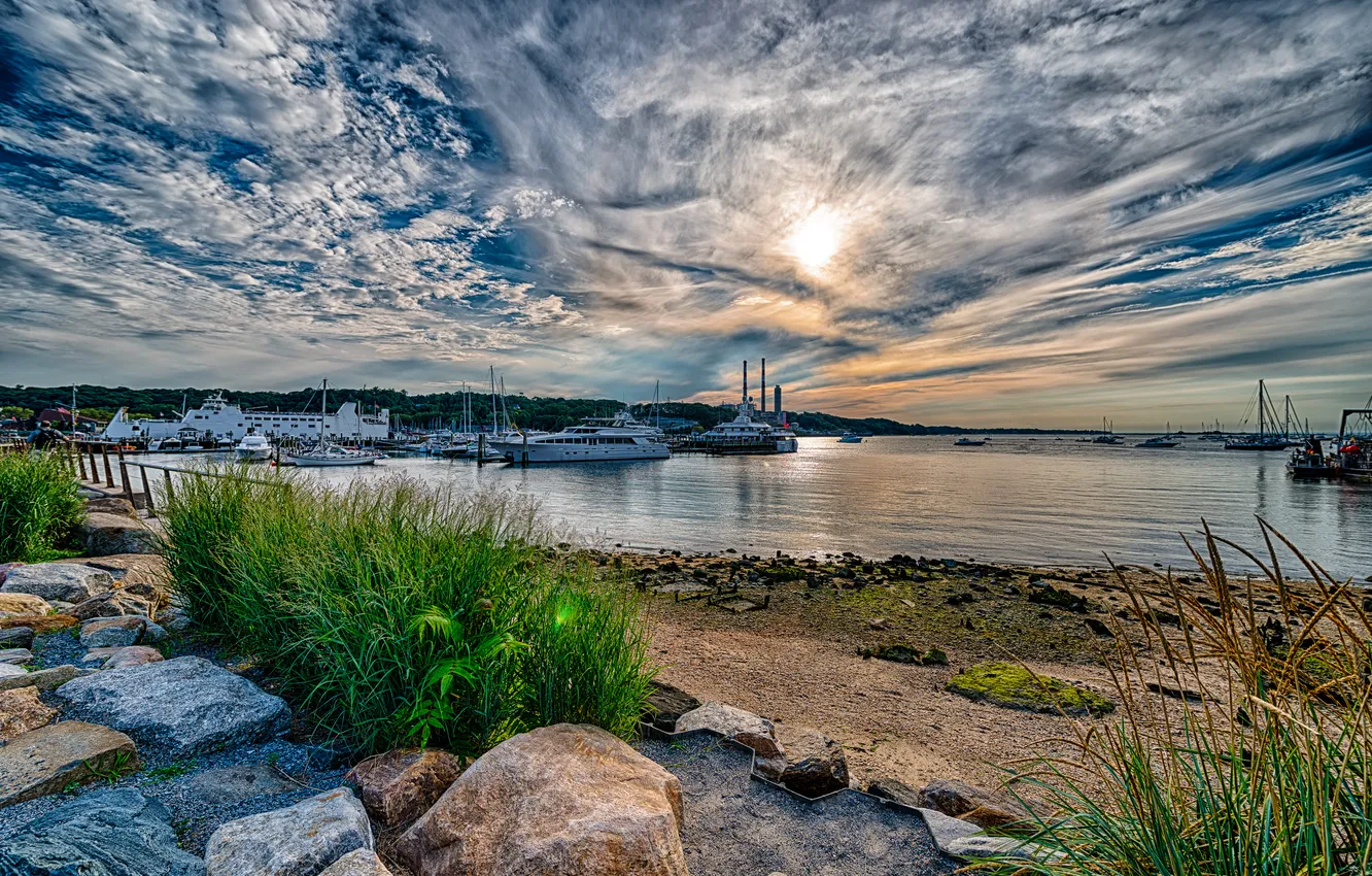 Photo wallpaper sea, the sky, grass, clouds, stones, yacht, pier, port