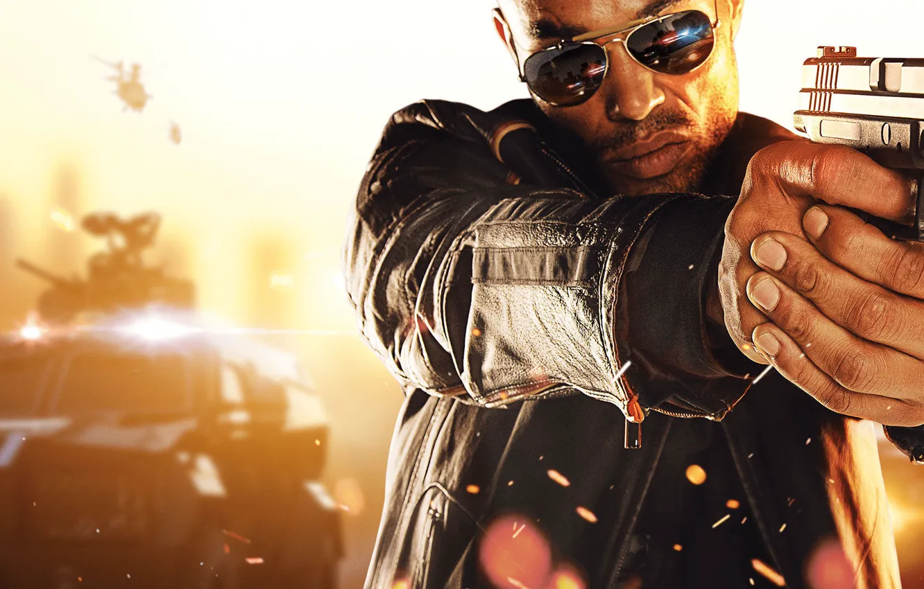 Photo wallpaper machine, gun, weapons, hands, glasses, police, COP, Electronic Arts