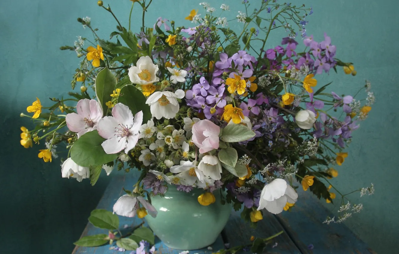 Photo wallpaper bouquet, vase, wildflowers
