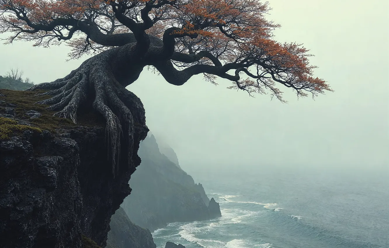 Photo wallpaper sea, autumn, trees, branches, roots, fog, rocks, shore