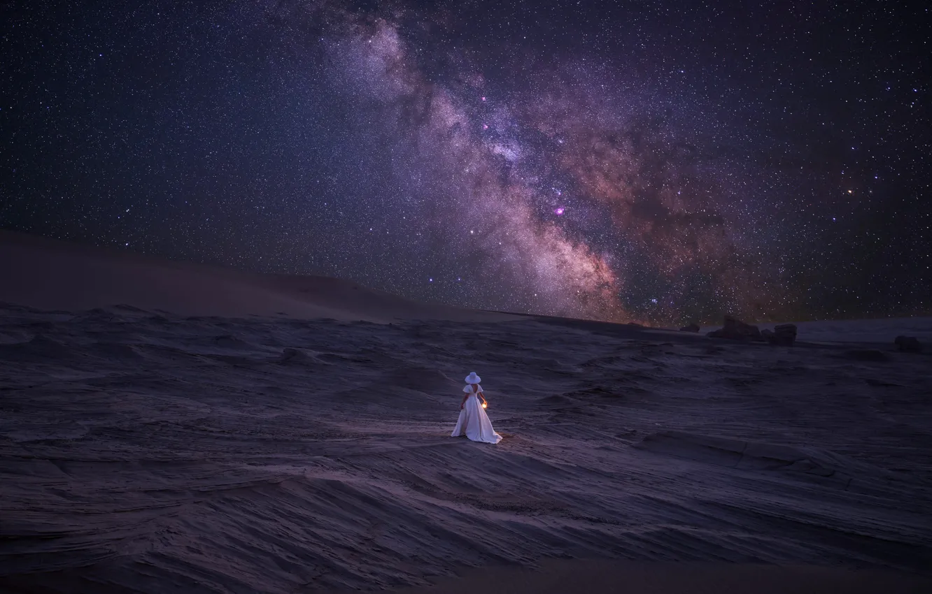 Photo wallpaper girl, stars, night, desert, hat, dress, the milky way
