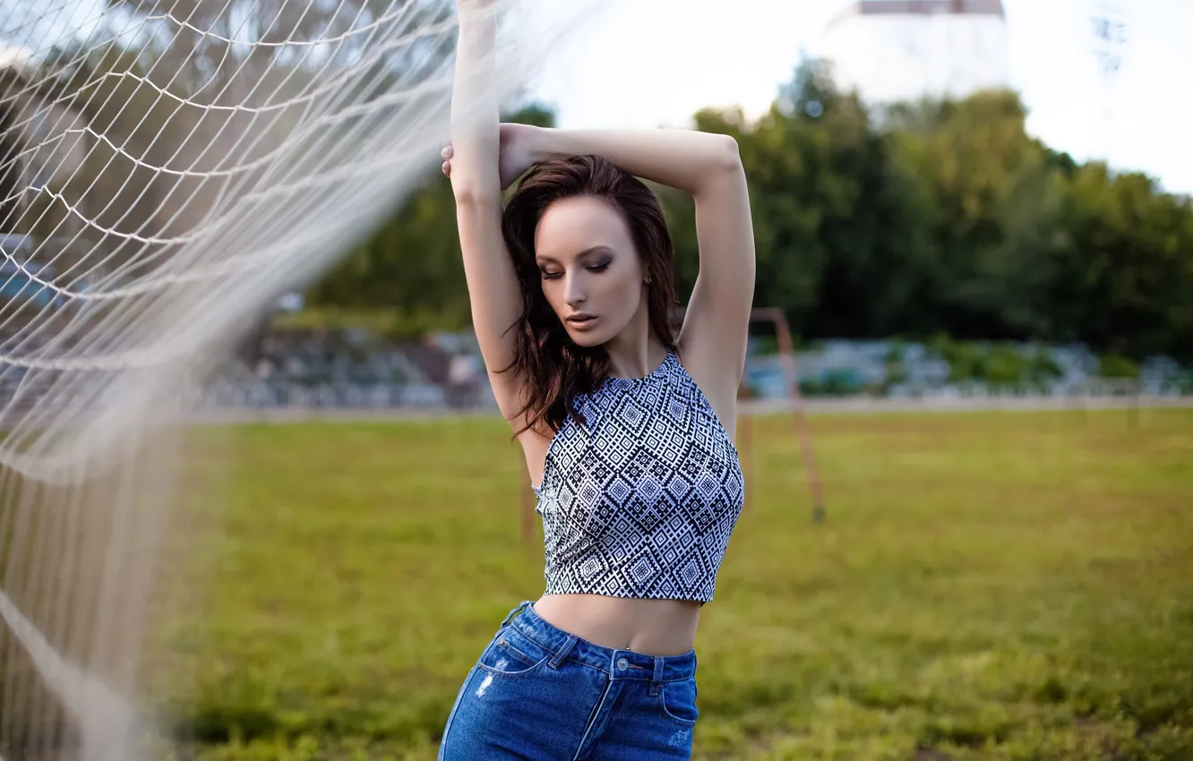 Photo wallpaper field, girl, pose, mesh, sweetheart, jeans, gate, Mike