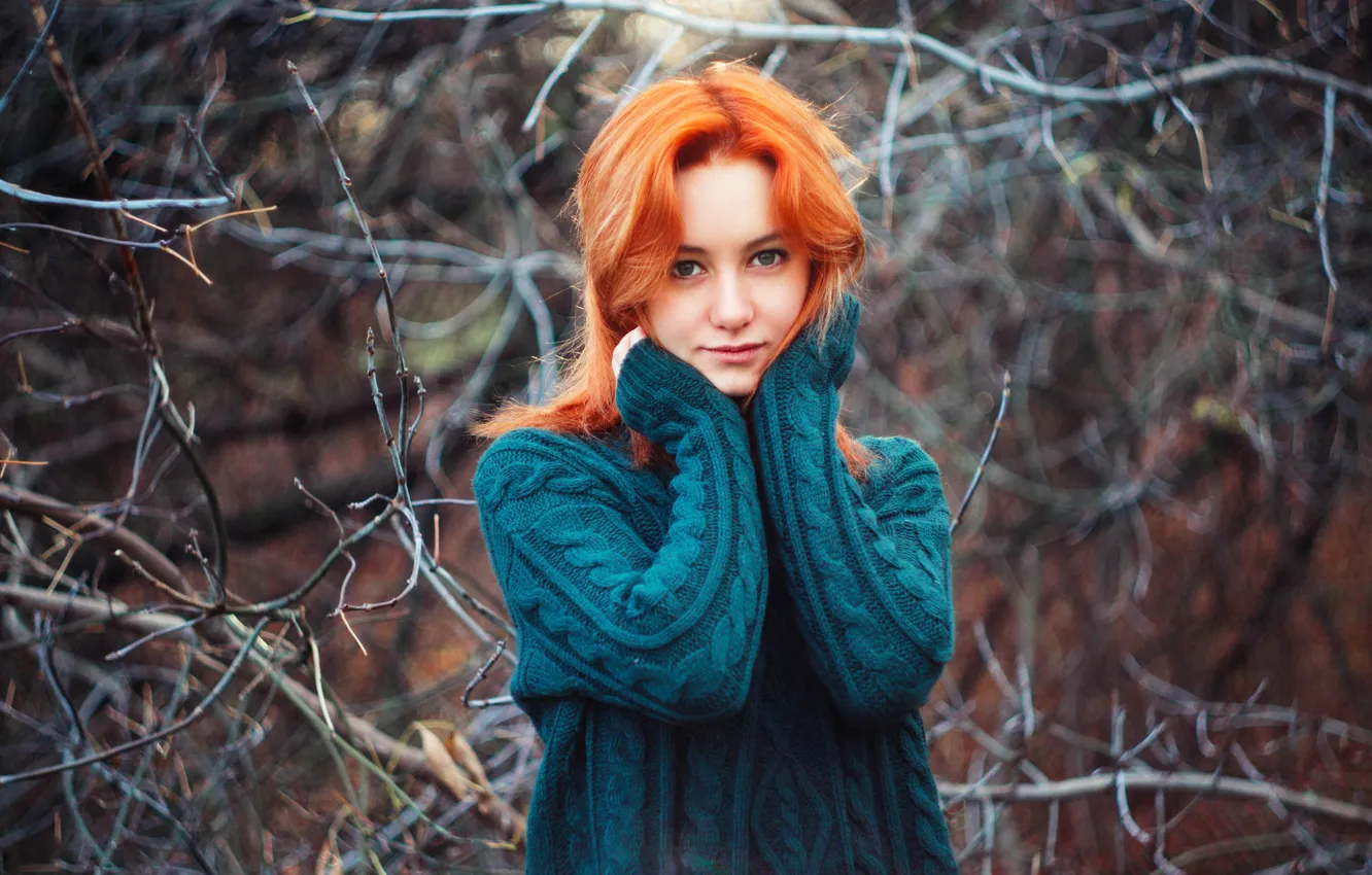 Photo wallpaper autumn, look, girl, branches, pose, background, portrait, hairstyle