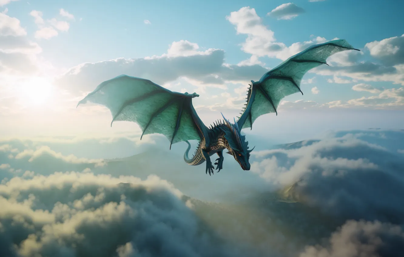 Photo wallpaper clouds, flight, mountains, dragon, wings, front, digital art, AI art