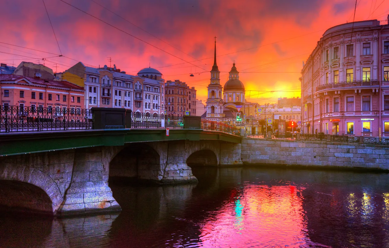 Photo wallpaper bridge, the city, river, building, home, morning, Peter, Saint Petersburg