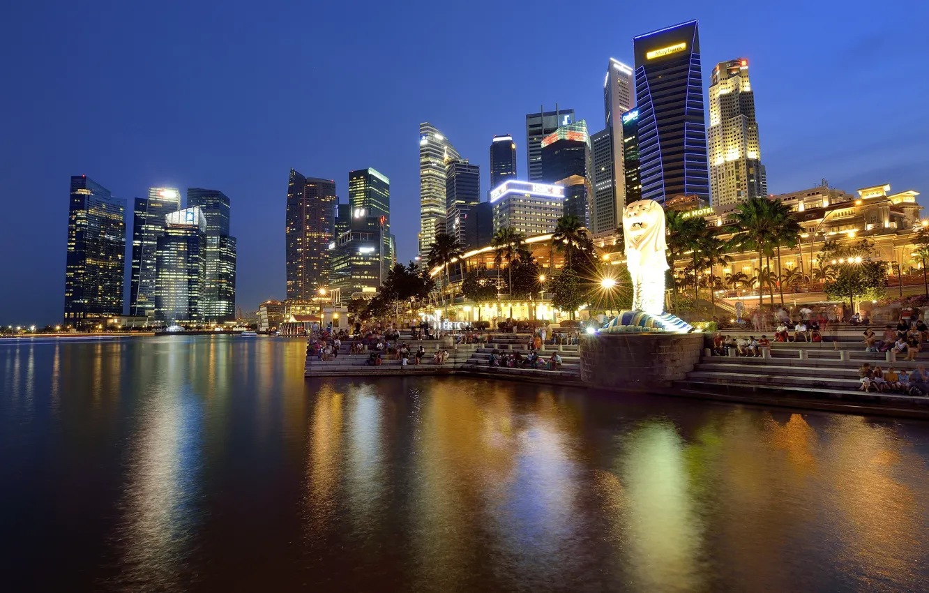 Photo wallpaper landscape, the city, night lights, Singapore, night city