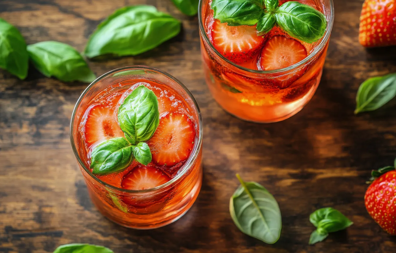 Photo wallpaper leaves, glass, berries, Board, glass, strawberry, cocktail, drink