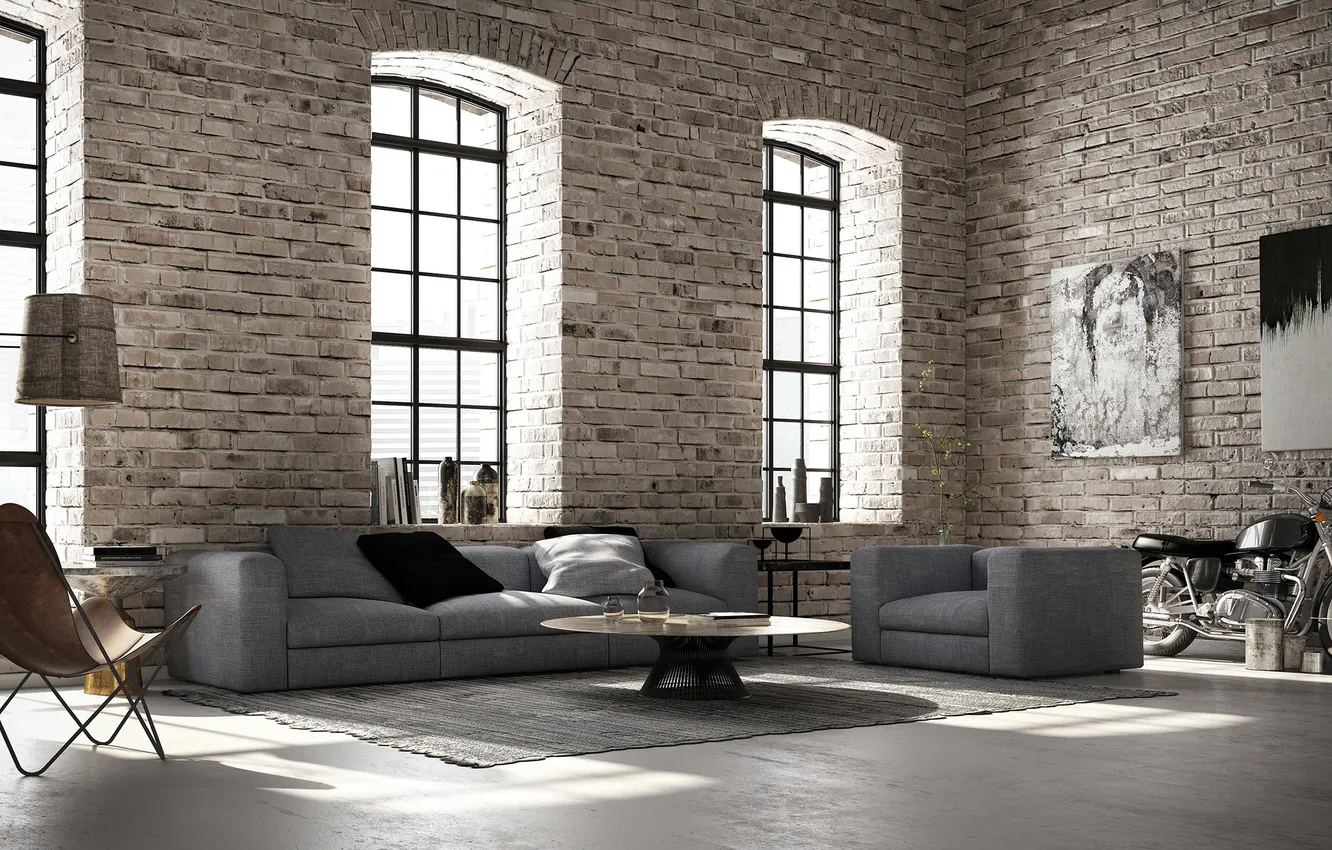 Photo wallpaper design, room, interior, living room, upholstered furniture, loft, industrial style