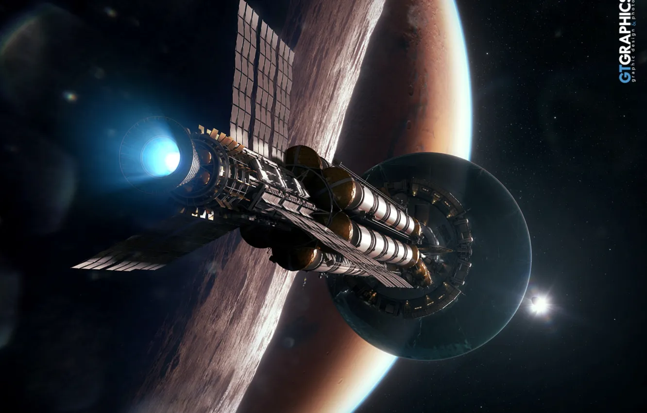 Photo wallpaper space, stars, planet, spaceship, Mars, Arrival, Kronos