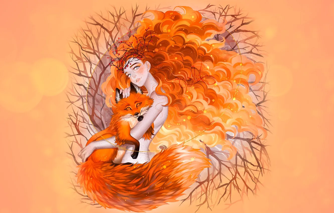 Photo wallpaper autumn, girl, Fox, redhead autumn, luleiya, Fox Spirit