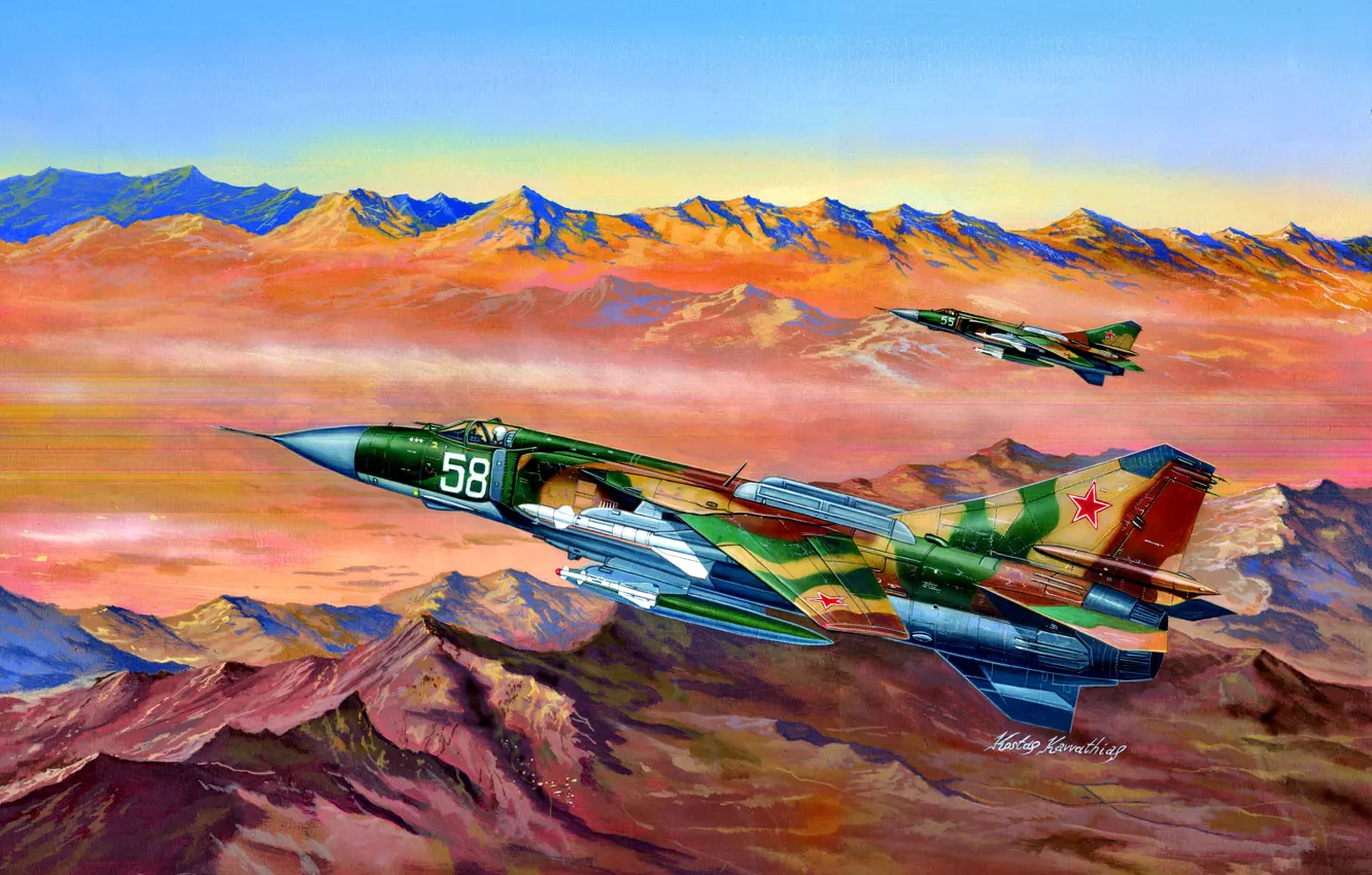 Photo wallpaper Mountains, THE SOVIET AIR FORCE, multi-role fighter, Afghan war, complete modification, Most, MiG-23MLD, in the …