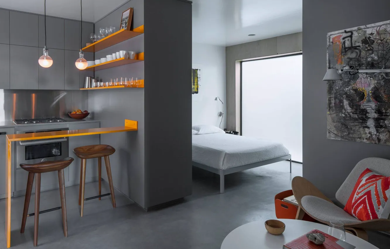 Photo wallpaper interior, kitchen, micro, bedroom, dining room, by Vertebrae Architecture, Micro Apartment