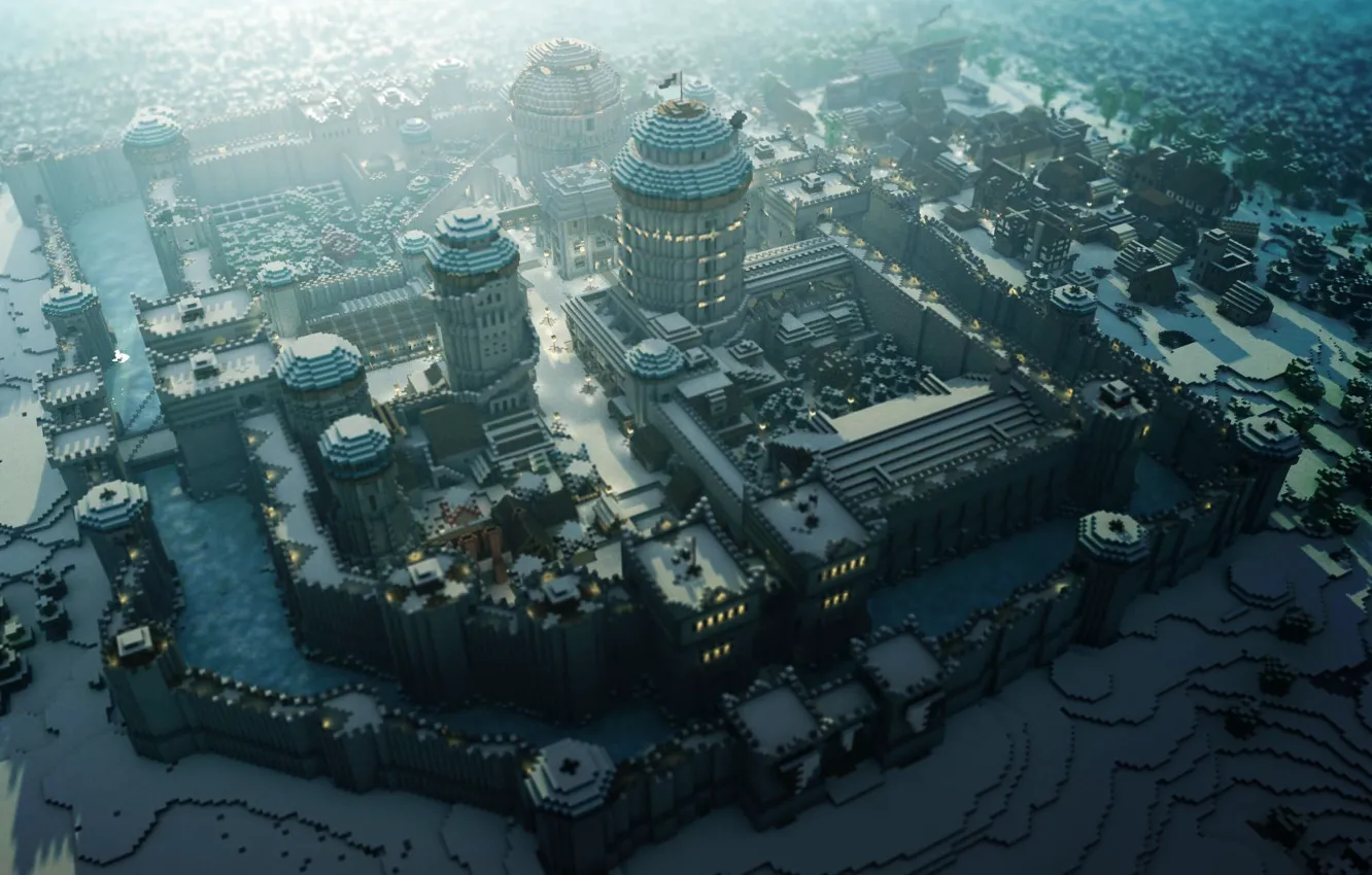 Photo wallpaper winter, roof, snow, trees, the city, wall, tower, home