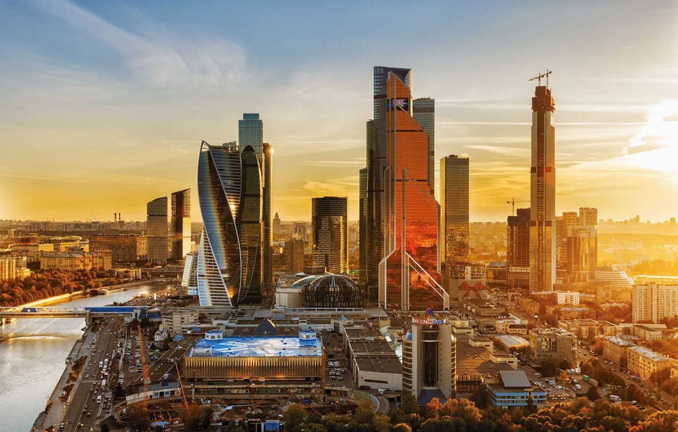 Photo wallpaper autumn, sunset, the city, river, building, home, Moscow, skyscrapers