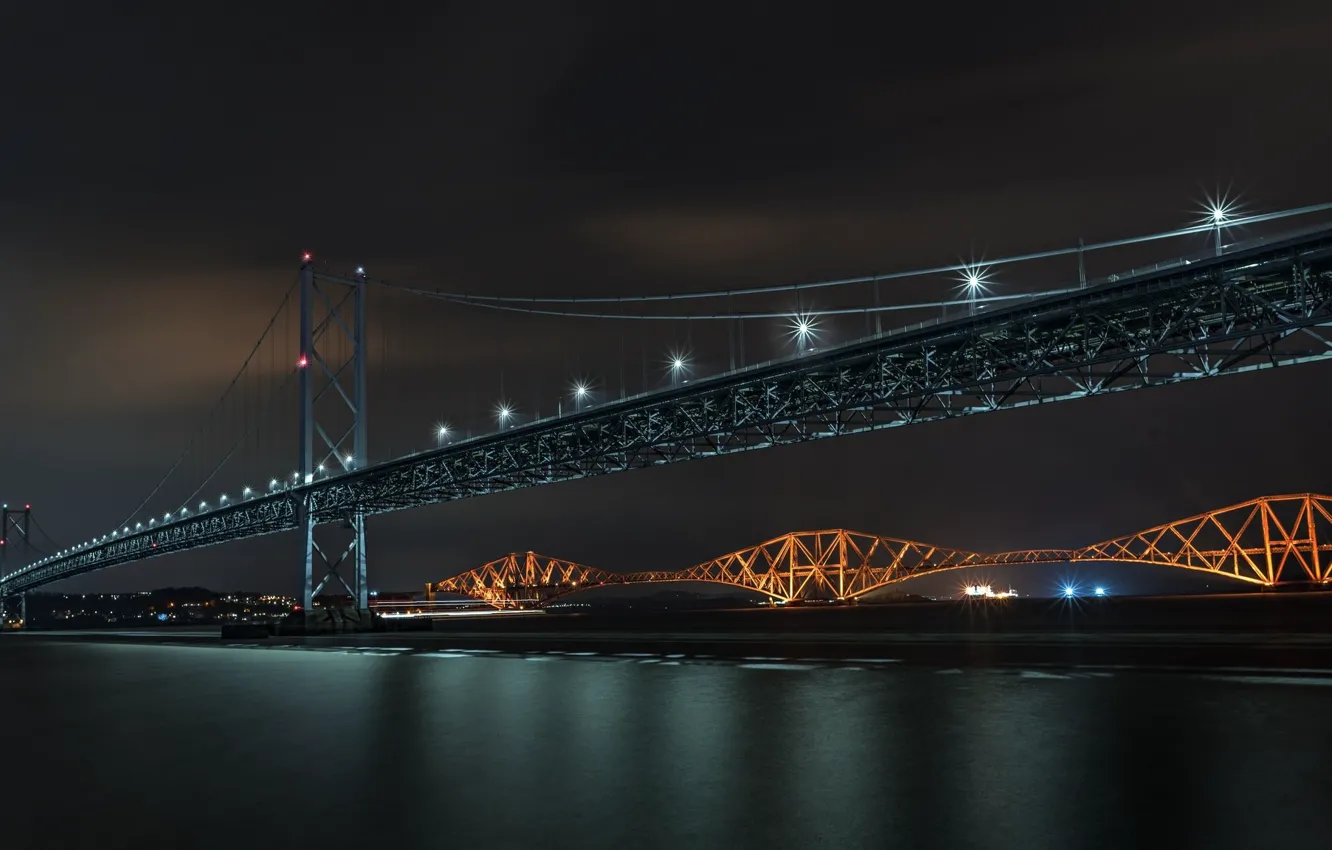 Photo wallpaper night, bridge, lake