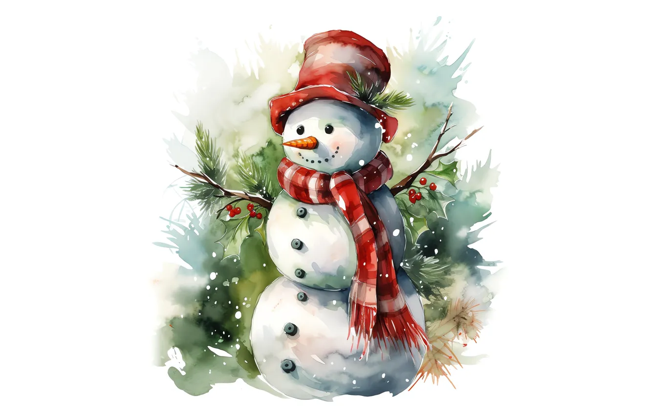 Photo wallpaper branches, figure, new year, hat, scarf, Christmas, white background, snowman