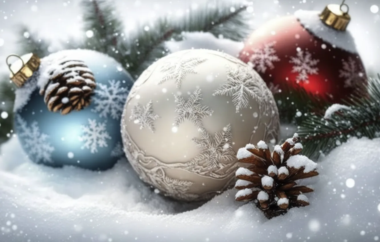 Photo wallpaper winter, balls, snow, snowflakes, branches, pattern, new year, Christmas