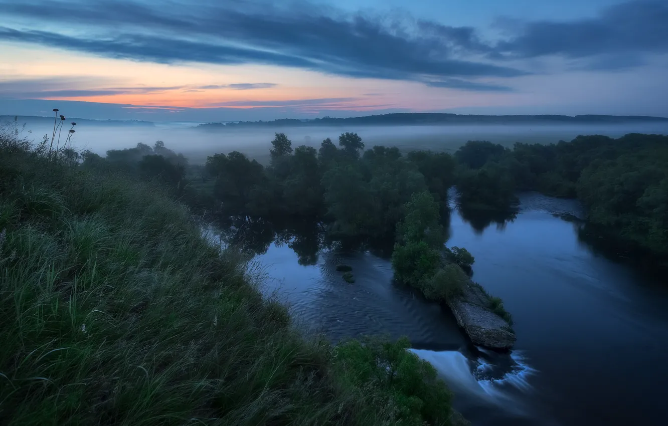 Photo wallpaper grass, trees, landscape, nature, fog, river, Beautiful Sword