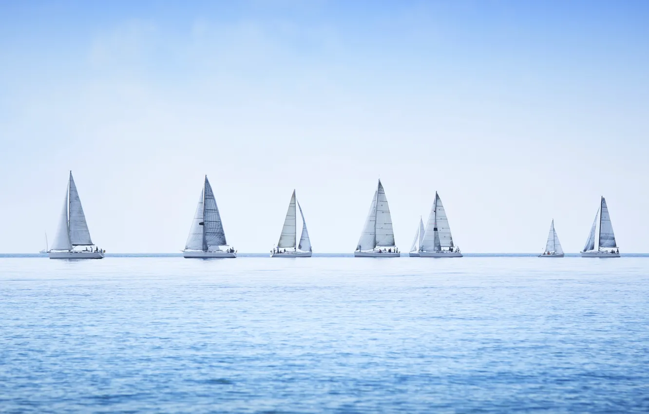 Photo wallpaper water, yacht, sailing, sailboat, group regatta, race on sea, panoramic view