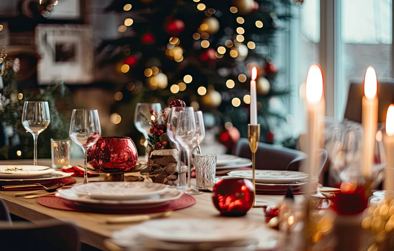 Photo wallpaper decoration, lights, holiday, balls, glass, tree, new year, candles