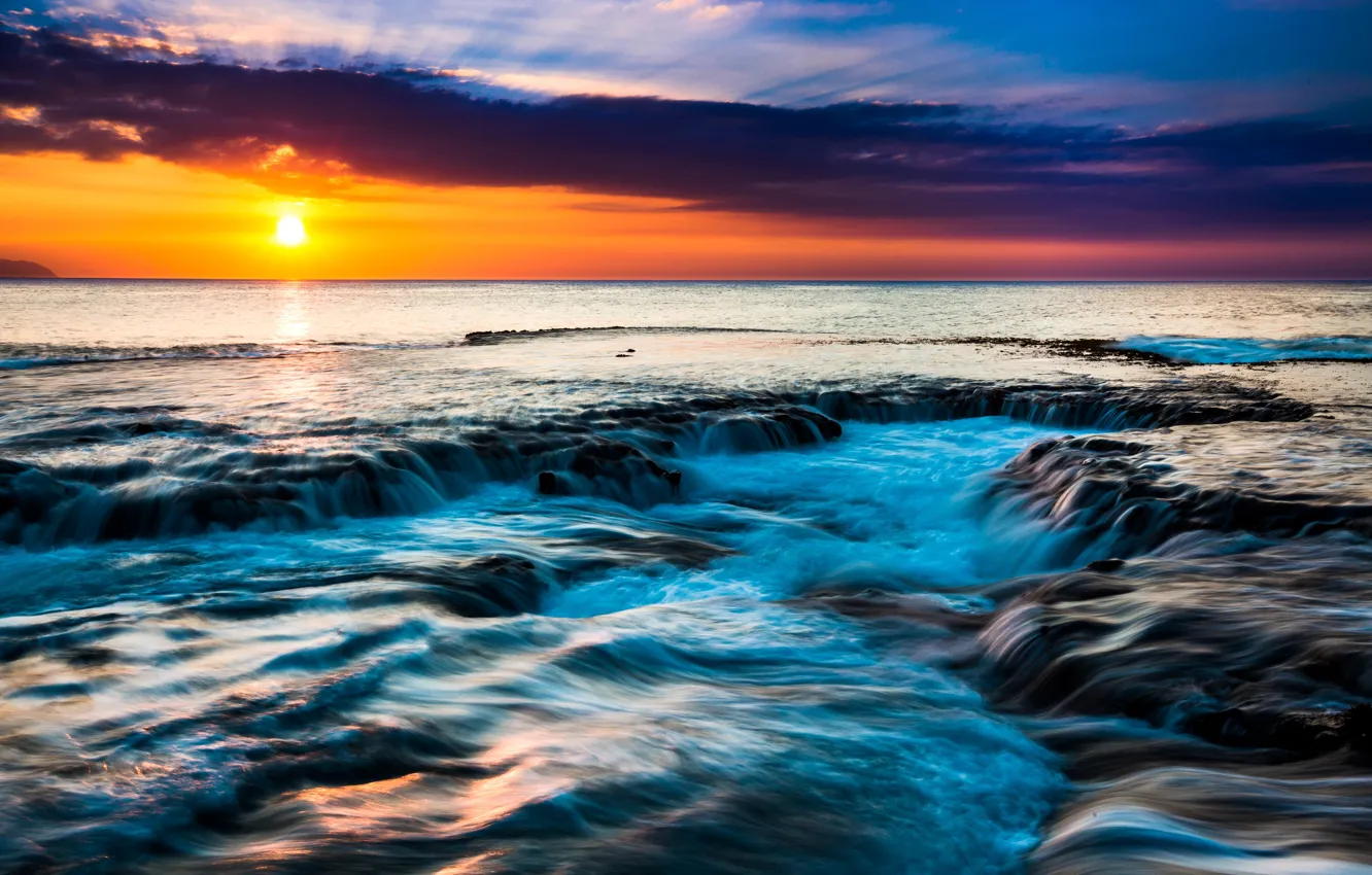 Photo wallpaper sea, the sky, the sun, tropics, dawn, coast, horizon, Hawaii