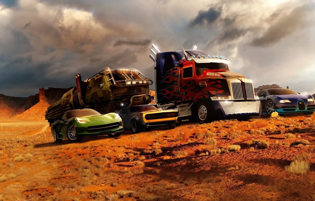 Photo wallpaper desert, bugatti, Optimus Prime, transformers 4, transformers 4, shevrolet corvette