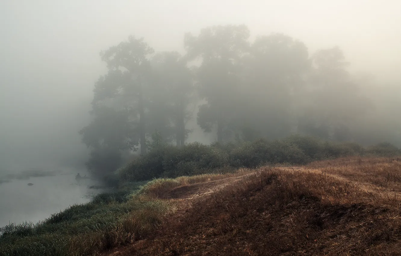 Photo wallpaper autumn, fog, river, morning