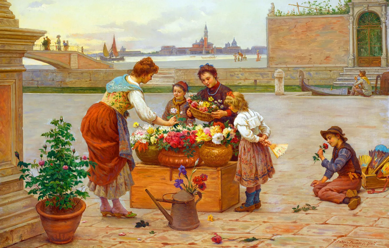 Photo wallpaper Flowers, Girls, Children, Picture, Antonio Paoletti, Antonio Paoletti, Venetian flower sellers, Italian painter