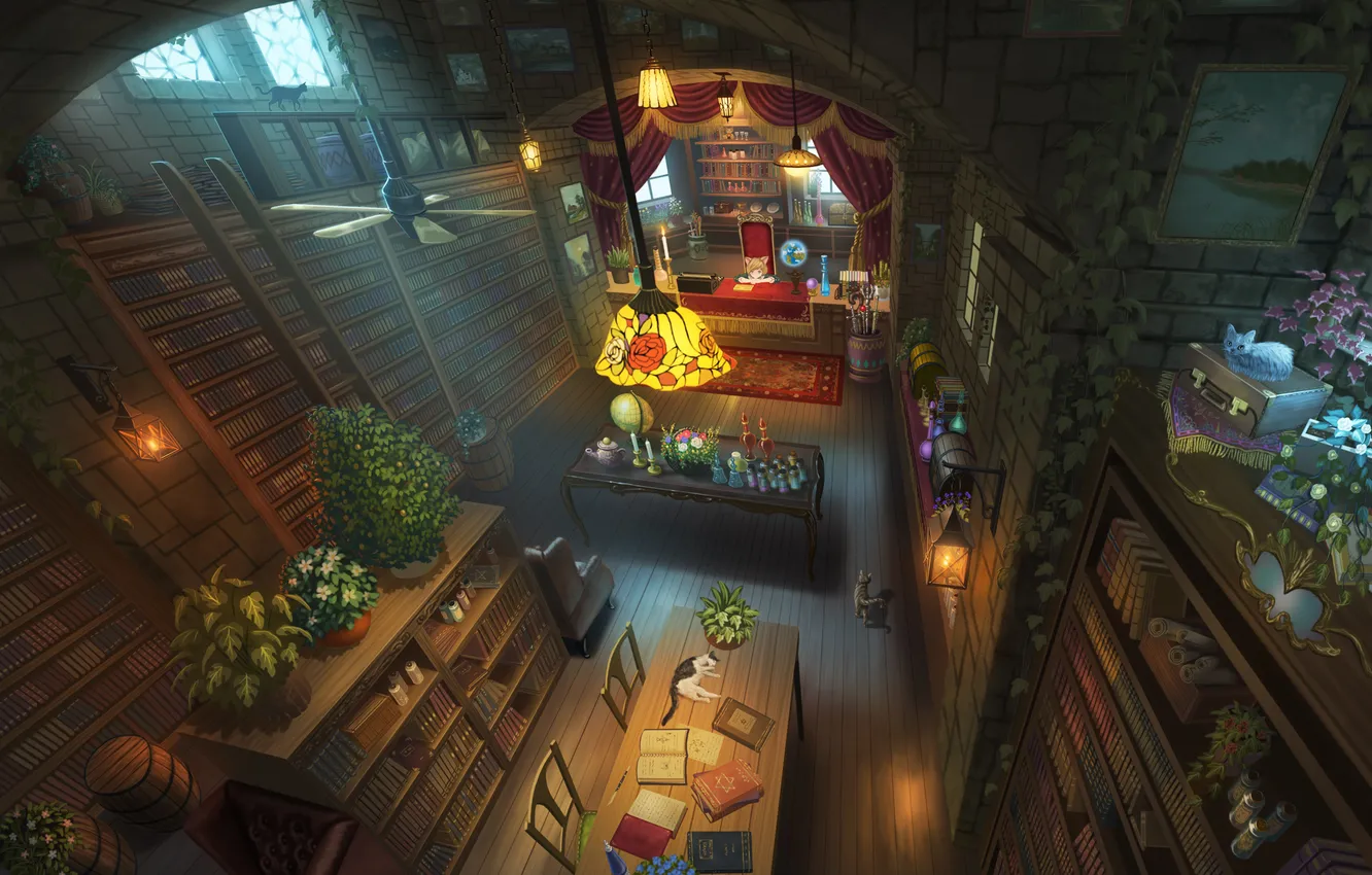 Photo wallpaper cat, girl, flowers, room, anime, art, lamp, book