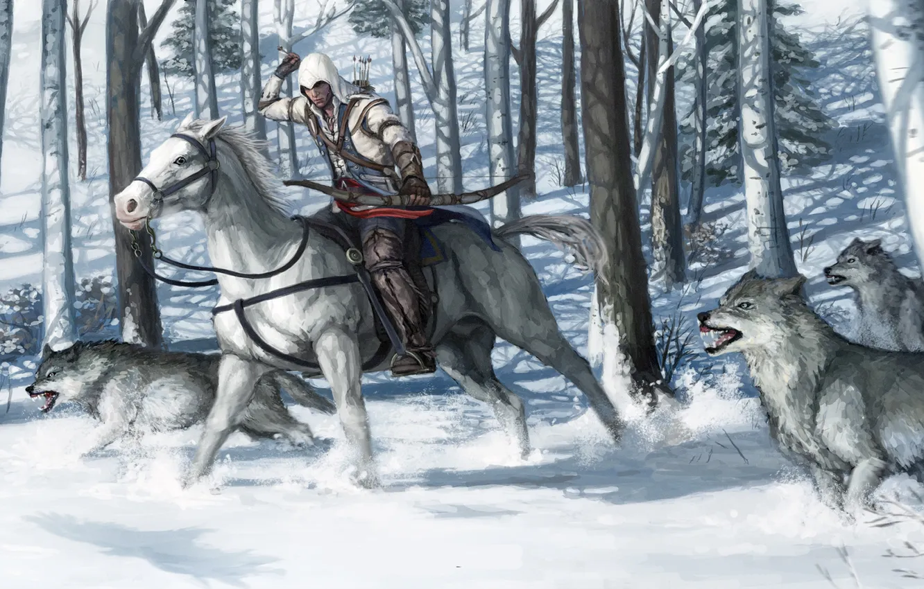 Photo wallpaper winter, snow, horse, wolves, Assassin’s Creed III, Connor Kenuey