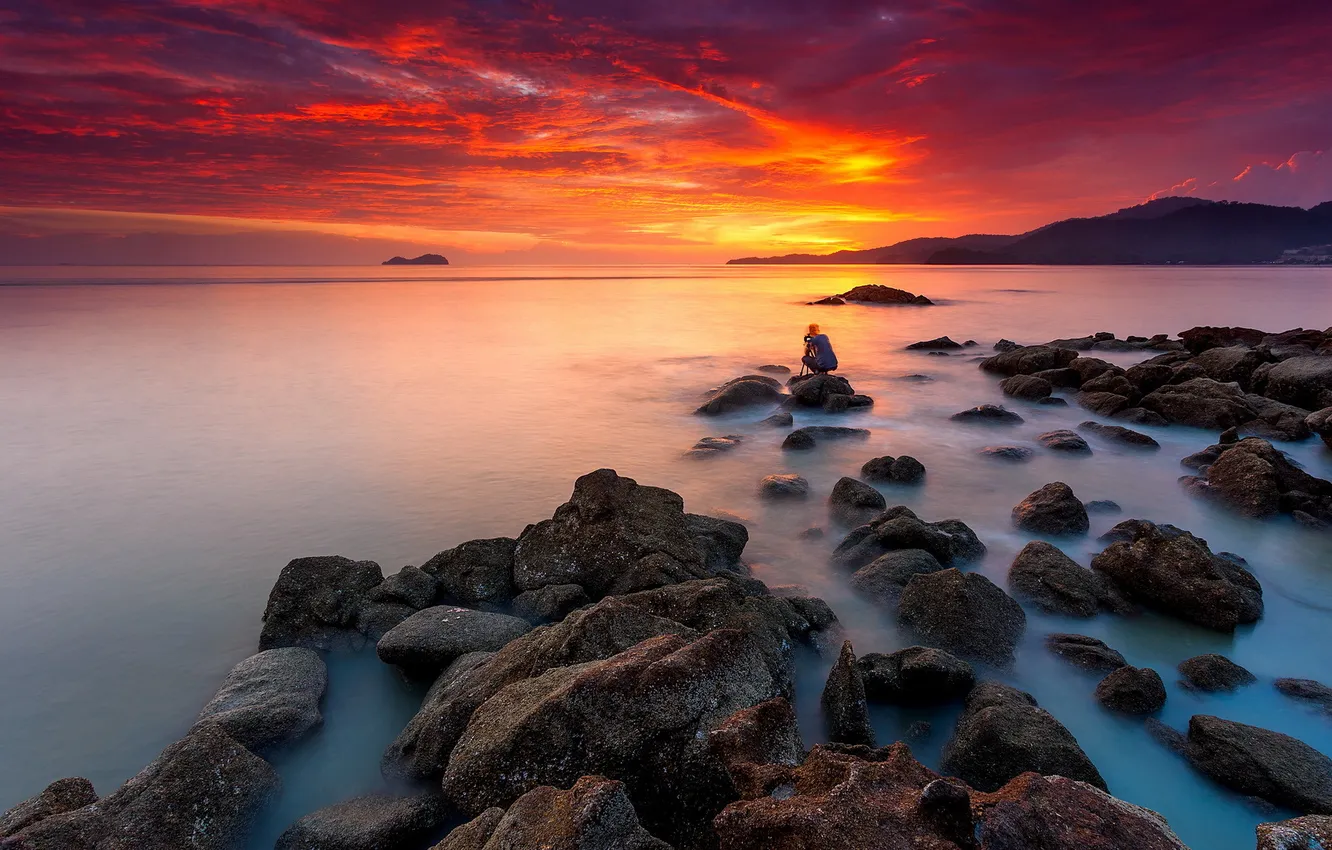 Photo wallpaper sea, landscape, sunset