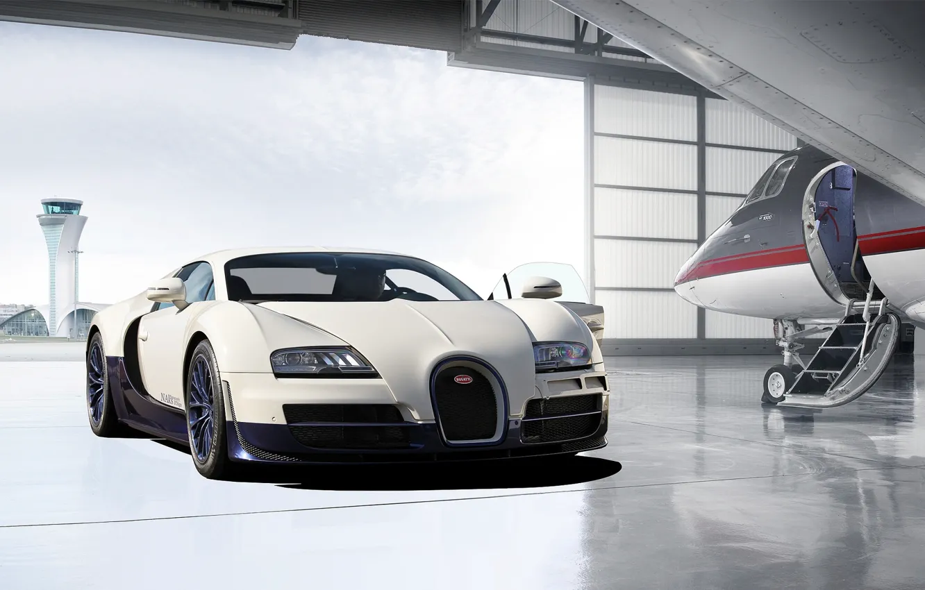 Photo wallpaper the plane, garage, Bugatti, hangar, Veyron, Bugatti, Super Sport, garage