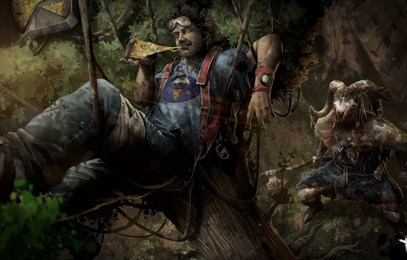 Photo wallpaper the cable, trees, Dead by Daylight, axe, watch, guy, pizza, blood