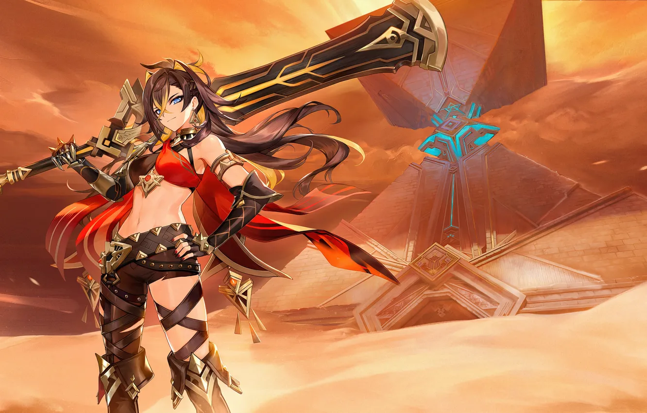Photo wallpaper smile, desert, pyramid, stand, epic, Genshin Impact, Dehya, Dehya