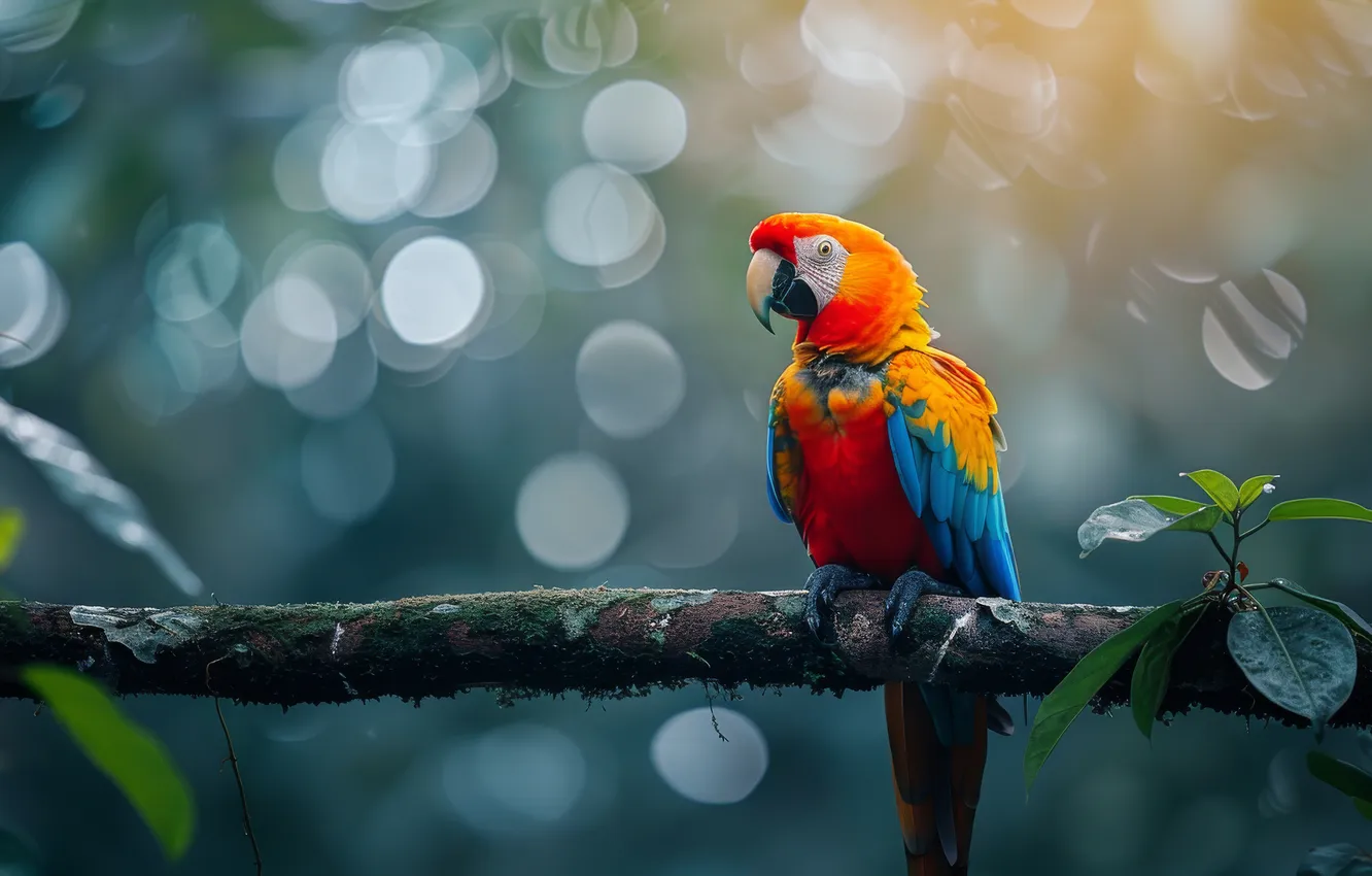 Photo wallpaper look, leaves, branches, red, nature, bird, parrot, blue background