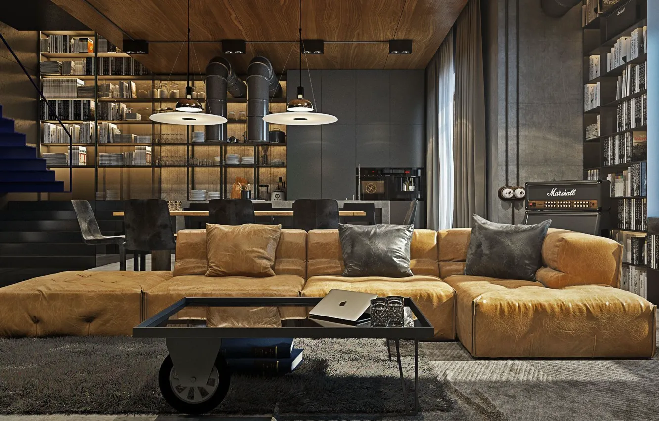 Photo wallpaper design, style, interior, sofa, living room, dining room, by YODEZEEN Archiitects, Industrial style in Modernism