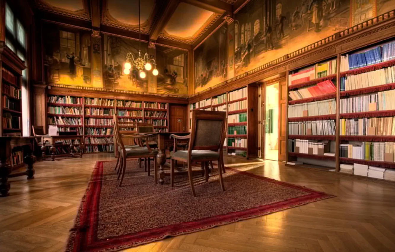 Photo wallpaper table, books, chairs, library