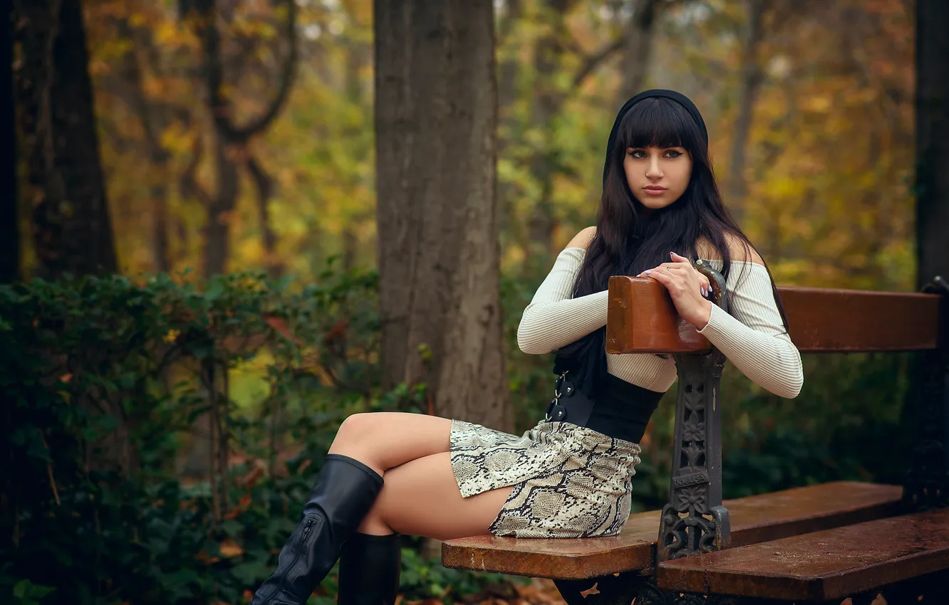 Photo wallpaper autumn, girl, bench, pose, Park, boots, brunette, legs