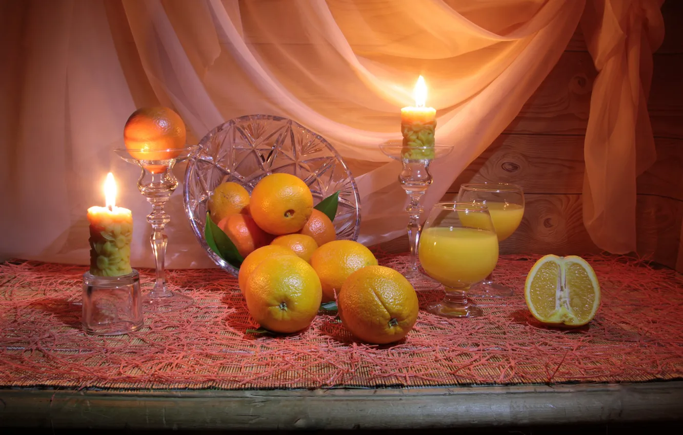Photo wallpaper lights, table, glass, orange, candles, juice, citrus, fruit