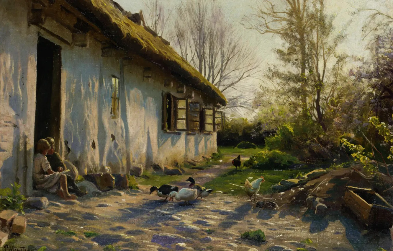 Photo wallpaper landscape, bird, picture, yard, Peter Merk Of Menstad, Peder Mørk Mønsted, Children Feeding Ducks at …