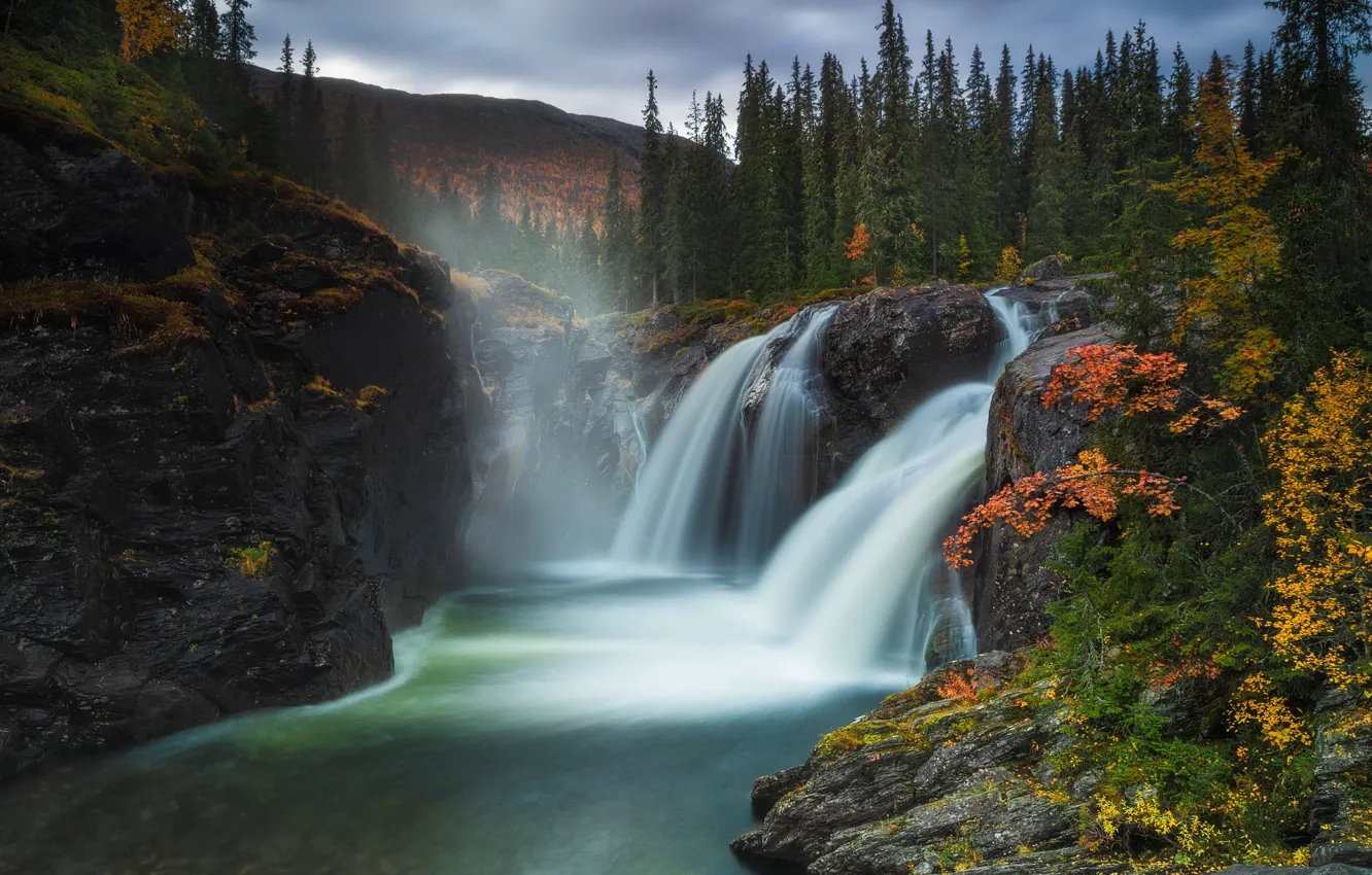 Photo wallpaper autumn, forest, mountains, river, waterfall, Norway, Norway, Hemsedal