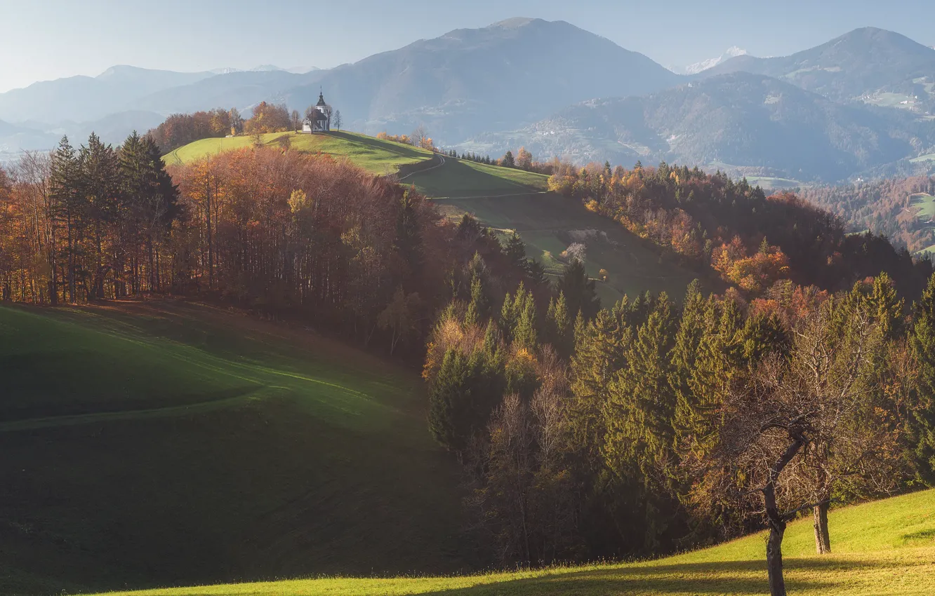 Photo wallpaper autumn, forest, the sun, trees, mountains, view, Church, Rostov Anton